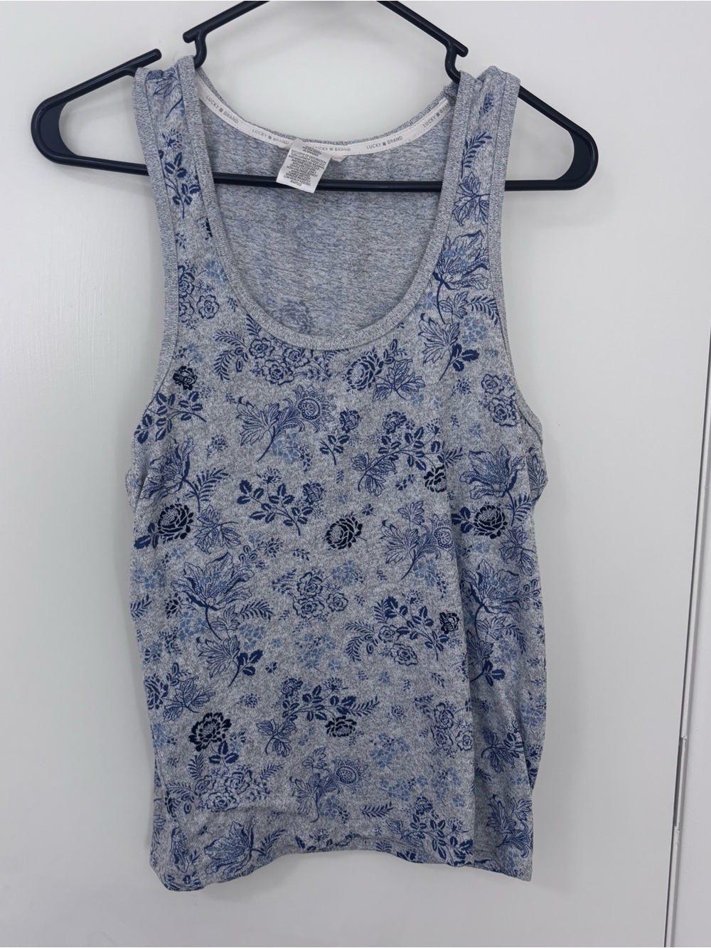 3/$15 Lucky Brand Heather Gray blue floral pajama tank top size S